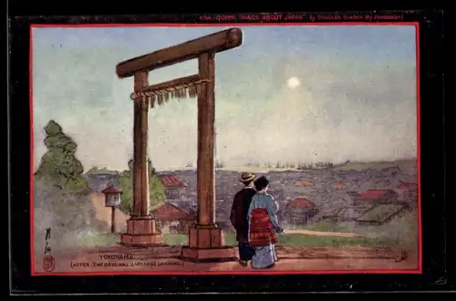 Künstler-AK Yokohama, Stadtansicht mit Paar und Balkenbau