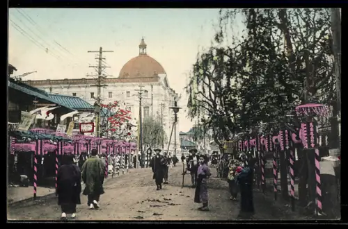 AK Yokohama, Strassenpartie mit Kuppelgebäude