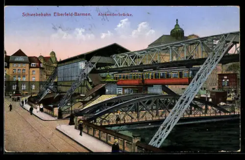 AK Elberfeld-Barmen, Schwebebahn über der Alexanderbrücke, Bahnhof