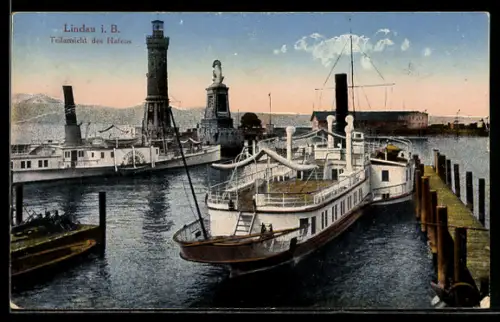 AK Lindau i. B., Teilansicht des Hafens mit Raddampfer Wittelsbach und Löwendenkmal