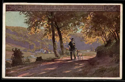 Künstler-AK Paul Hey: Paul Hey, Jäger mit Hund im Herbst nahe einem Weiler