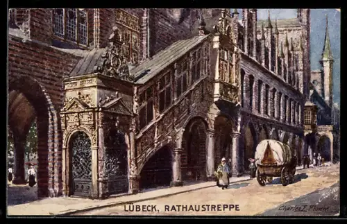 Künstler-AK Charles F. Flower: Lübeck, Partie an der Rathaustreppe