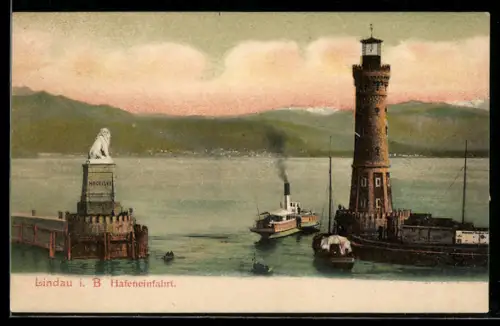 AK Lindau i. B., Partie an der Hafeneinfahrt mit Leuchtturm