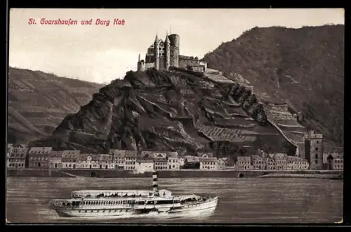 AK St. Goarshausen, Totalansicht des Ortes mit Flussdampfer und Burg Katz