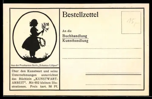 AK Silhouette eines Mädchens mit einem Blumenkranz in der Hand, Reklame für Buch Kunstwart-Arbeit