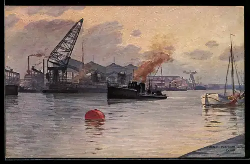 AK Kiel, Die Germaniawerft vom Hafen gesehen, Dampfer, Segelboot