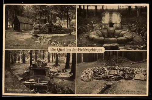AK Bischofsgrün, Quellen des Fichtelgebirges, Eger-, Weissmain-, Saale- und Fichtelnaabquelle