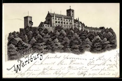 Lithographie Wartburg, Blick auf die Burg