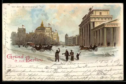 Lithographie Berlin-Tiergarten, Brandenburger Tor im Winter