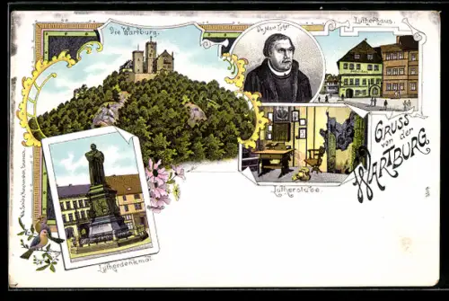 Lithographie Eisenach, Die Wartburg, Lutherhaus, Lutherstube