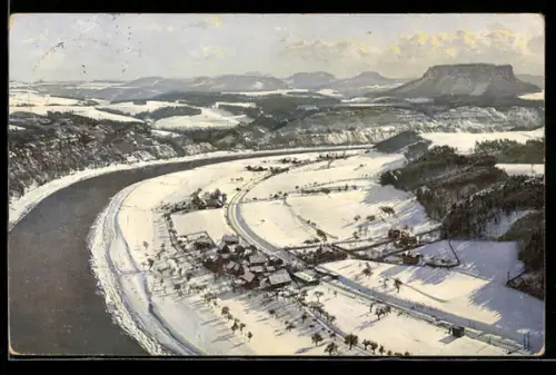 Künstler-AK Photochromie Nr. 2107: Blick in das verschneite Saaletal und das Elbsandsteingebirge