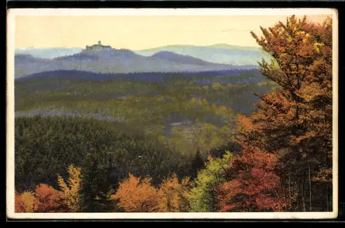 Künstler-AK Photochromie Nr. 5010: Blick über herbstliche Wälder auf ein Schloss