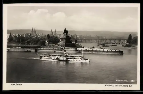 AK Koblenz am Rhein, Kaiser Wilhelm-Denkmal am deutschen Eck mit Dampfer