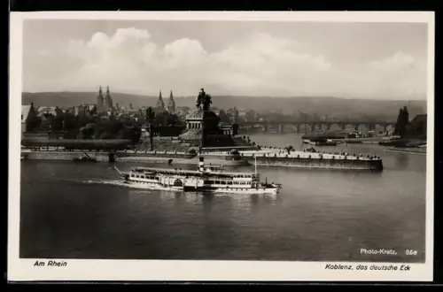 AK Koblenz am Rhein, Kaiser Wilhelm-Denkmal am deutschen Eck mit Dampfer