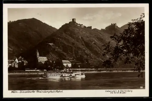 AK Bornhofen, Die feindl. Brüder mit Kirche und Rheindampfschiff
