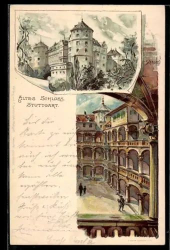 Lithographie Stuttgart, Altes Schloss, Innenhof