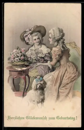 Künstler-AK M. Munk Nr. 535: Zwei Rokokodamen mit Pudel, Geburtstagsgruss