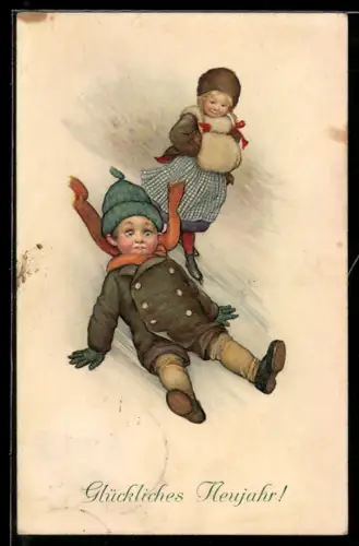 Künstler-AK M. Munk Nr. 679: Kleines Paar im Schnee, Rutschpartie, Muff, Neujahrsgruss