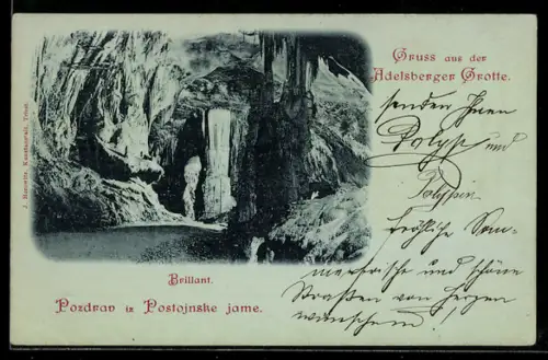 Mondschein-AK Adelsberger Grotte, Innenansicht mit Stalagtiten