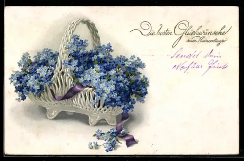Künstler-AK Meissner & Buch (M&B): Blumenkorb mit Vergissmeinnicht, Glückwunsch zum Namenstag