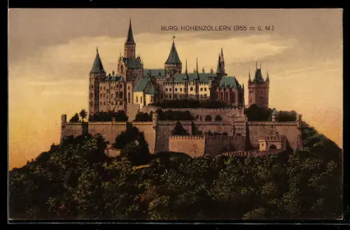 AK Burg Hohenzollern, Gesamtansicht im Abendlicht