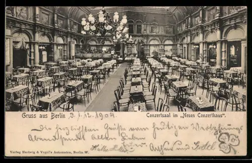 AK Berlin, Neues Conzerthaus, Conzertsaal mit Kronleuchtern