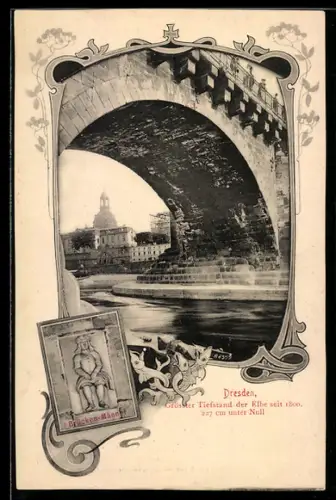 AK Dresden, Brücken-Männel, Grösster Tiefstand der Elbe seit 1800