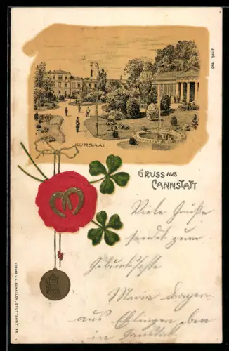 Lithographie Stuttgart-Cannstatt, Kursaal, Siegel und Kleeblätter