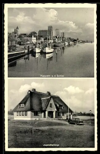 AK Kappeln a. d. Schlei, Teilansicht des Ortes mit Hafen, Jugendherberge