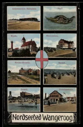 AK Wangeroog, Zedeliusstrasse, Kinder-Hospiz, Strand, Hotel Meeresstern, Kirche, ankommende Badegäste