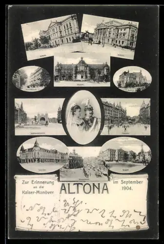 AK Hamburg-Altona, Hotel Kaiserhof, Klopstockstrasse, Museum, Fischmarkt, Rathaus, Erinnerung an Kaiser-Manöver 1904