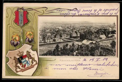 Passepartout-Lithographie Kaiserslautern, Teilansicht, Wappen