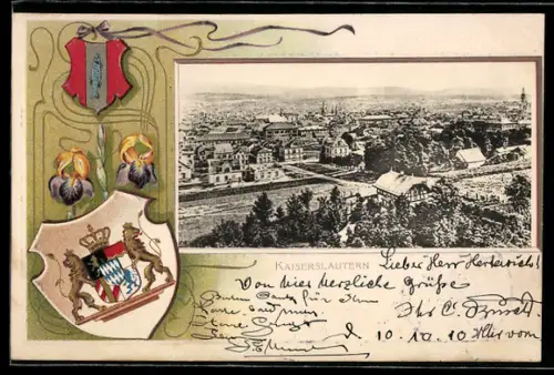 Passepartout-Lithographie Kaiserslautern, Teilansicht, Wappen