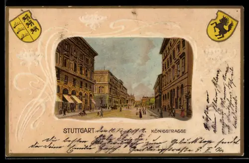 Passepartout-Lithographie Stuttgart, Königstrasse mit Geschäften und Passanten, Wappen