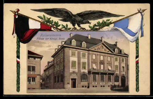 AK Kaiserslautern, Filiale der Königlichen Bank, Adler mit Fahnen, Passepartout