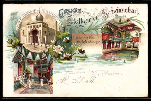 Lithographie Stuttgart, Schwimmbad, Aussenansicht und Inneres