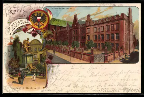 Lithographie Lübeck, Katharineum, Geibel-Denkmal