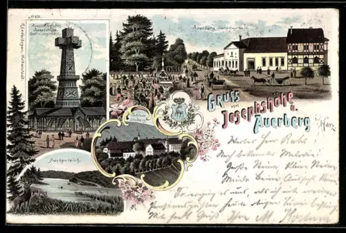 Lithographie Gernrode, Gasthaus Auerberg, Gasthaus Josephshöhe, Frankenteich, Schloss Stolberg