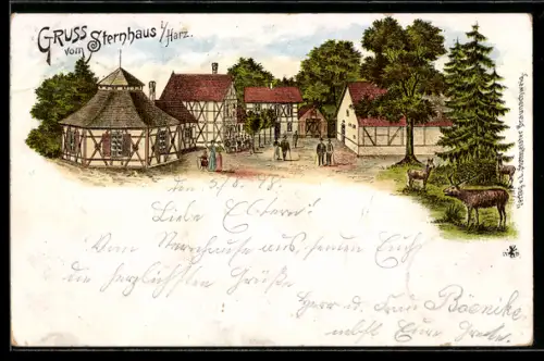 Lithographie Gernrode i / Harz, Sternhaus und Hirsch