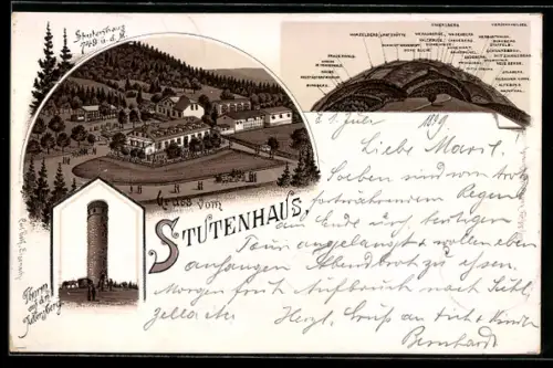 Lithographie Adersberg, Stutenhaus, Turm auf dem Adlersberg, Panorama mit Frauenberg, Schwarzbach und Simersberg