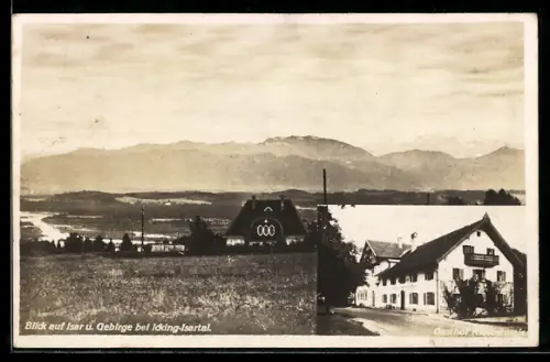 AK Icking-Isartal, Gasthof Klostermaier, Blick auf Isar und Gebirge