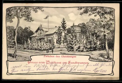 Lithographie Römhild, Hotel Waldhaus am Sandbrunnen zwischen den Gleichbergen