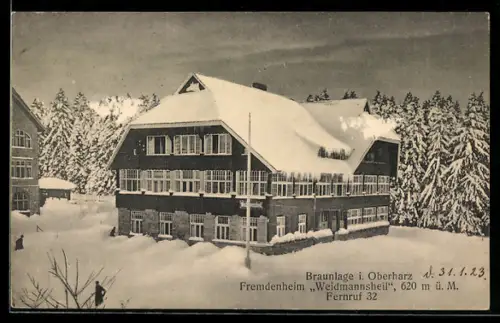 AK Braunlage i. Oberharz, Fremdenheim Weidmannsheil im Schnee