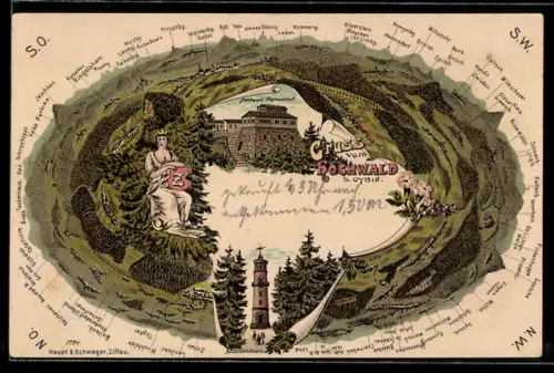 Lithographie Oybin, Hochwald-Restaurant, Aussichtsturm, Rundpanorama mit Jeschken, Hirschberg und Reichenau