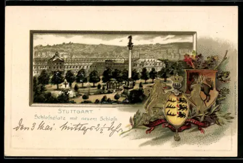 Passepartout-Lithographie Stuttgart, Schlossplatz mit neuem Schloss, Wappen
