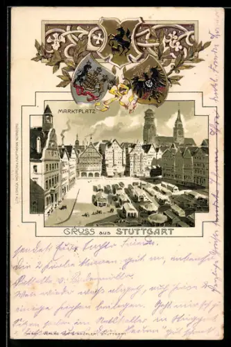 Passepartout-Lithographie Stuttgart, Marktplatz aus der Vogelschau, Wappen