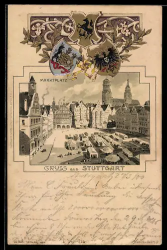 Passepartout-Lithographie Stuttgart, Blick auf den Marktplatz mit Verkaufsständen
