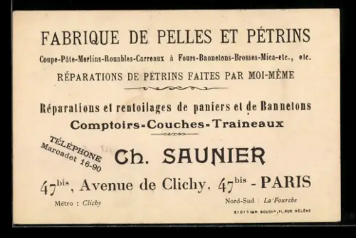 Vertreterkarte Paris, Fabrique de Pelles et Pétrins Ch. Saunier, 47 Avenue de Clichy