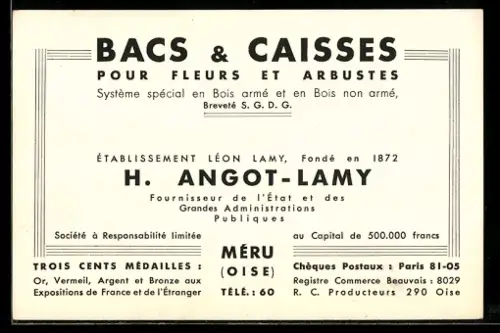 Vertreterkarte Méru /Oise, Bacs & Caisses pour Fleurs et Arbustes, H. Angot-Lamy