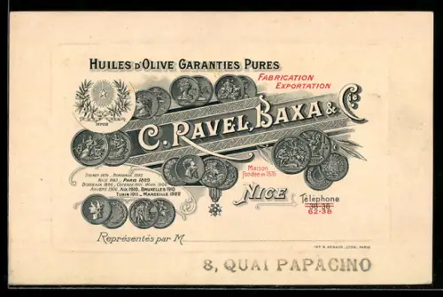 Vertreterkarte Nice, Huiles d`Olive Garanties Pures, C. Ravel, Baxa & Cie.